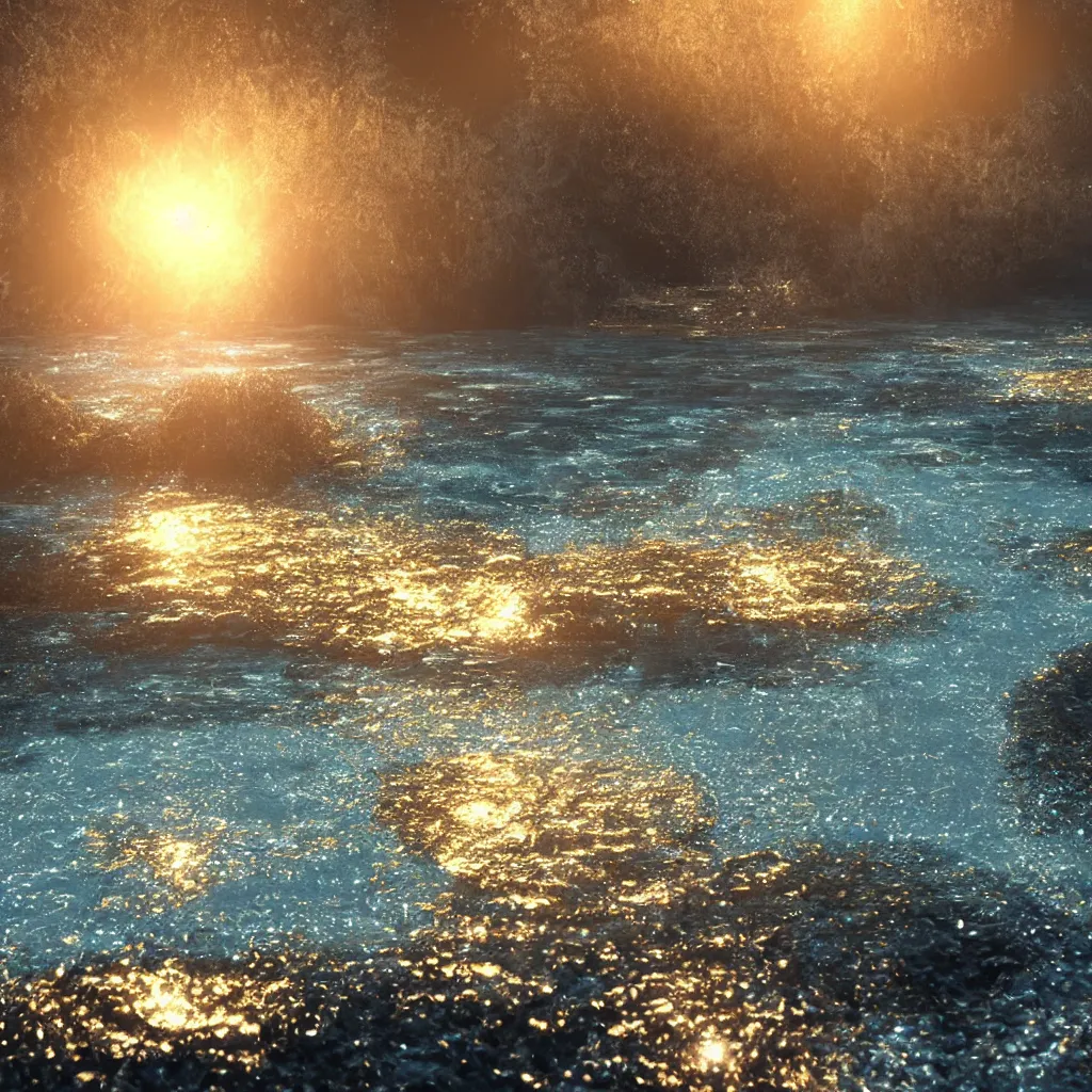 Prompt: water turning into crystal, art station, volumetric lighting, beautiful, golden hour, sharp focus, ultra detailed, concept art