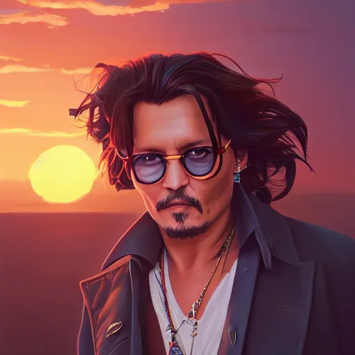 Image similar to johnny depp, sunset, behance hd by jesper ejsing, by rhads, makoto shinkai and lois van baarle, ilya kuvshinov, rossdraws radiating a glowing aura global illumination ray tracing hdr