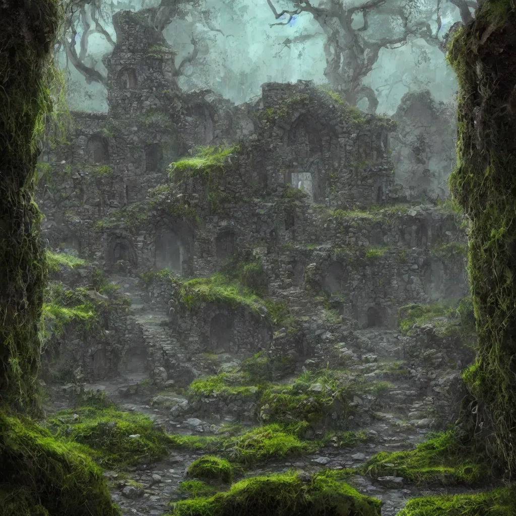 Image similar to an ancient dungeon with stone walls, stagnant water, mossy overgrowth, soft ambient lighting, trending on artstation, fantasy ruins