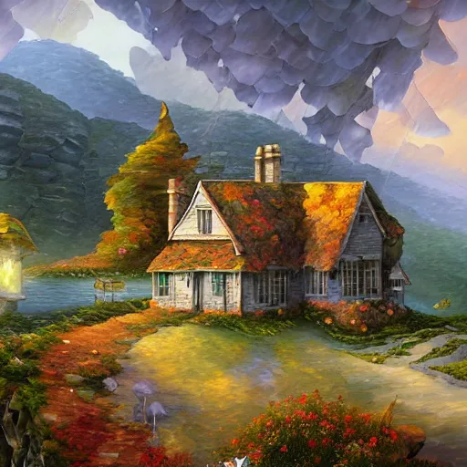 Prompt: cottage on hill cliff cryengine render by android jones, james christensen, rob gonsalves, leonid afremov and tim white