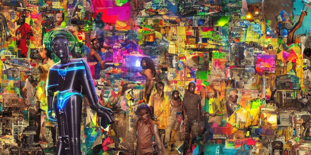 Image similar to ROBOT of AJEGUNLE SLUMS of Lagos inside African JESUS CHRIST about AESTHETICS surrounding large UFO within NEON rays of light, magazine collage,