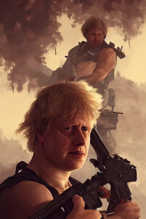 Image similar to Boris Johnson as Rambo First Blood, Boris Johnson hairstyle, masculine figure, highly detailed, digital painting, artstation, concept art, smooth, sharp focus, illustration, cinematic lighting, art by artgerm and greg rutkowski and alphonse mucha