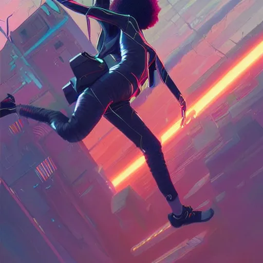 Image similar to a black girl flying through the synthwave city with a rocketpack in a cyberpunk style by greg rutkowski and android jones, oil on canvas