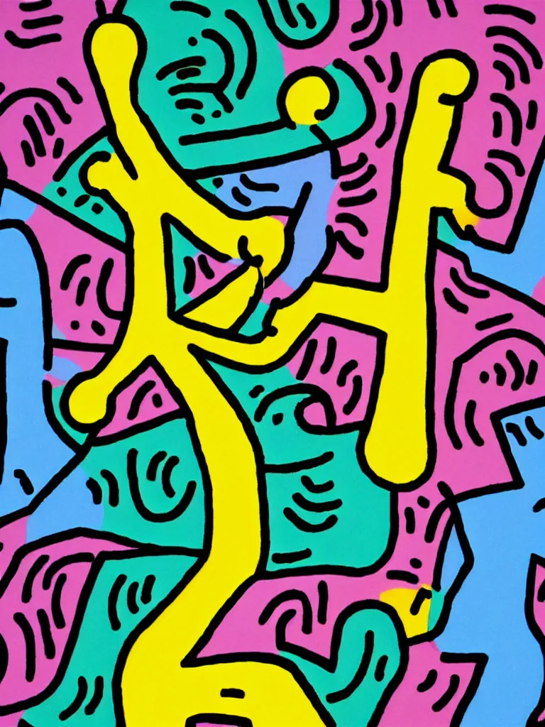 Image similar to minimal acorn that turns into a tree in the shape of a treble clef, a big rip down the middle, splashes of color, inspirational and powerful, keith haring