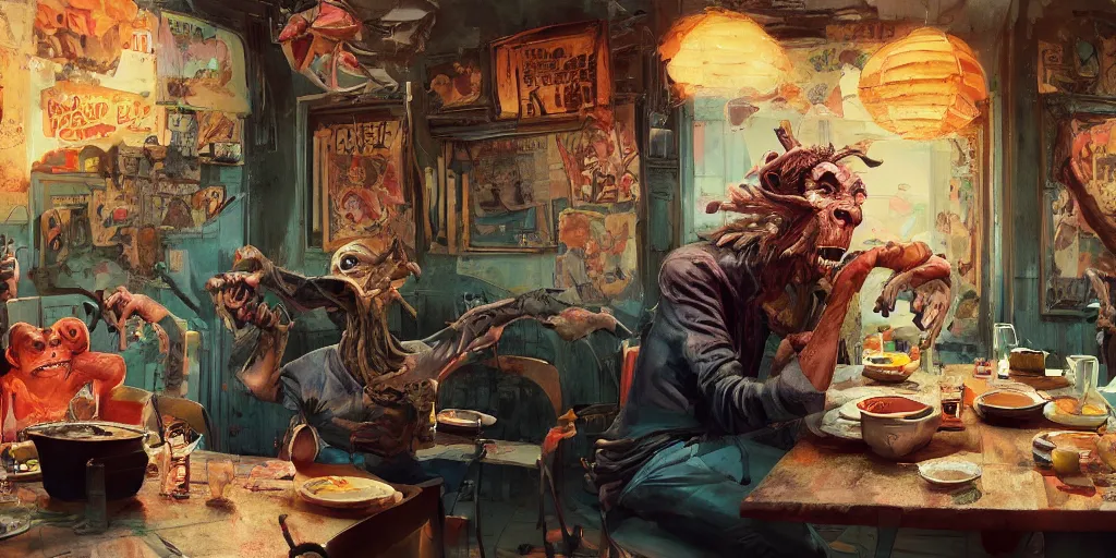 Image similar to cartoonish iggy pop having dinner with tom waits, vivid colors, character sheet, fine details, concept design, contrast, kim jung gi, greg rutkowski, trending on artstation, 8 k, full body, turnaround, front view, back view, ultra wide angle