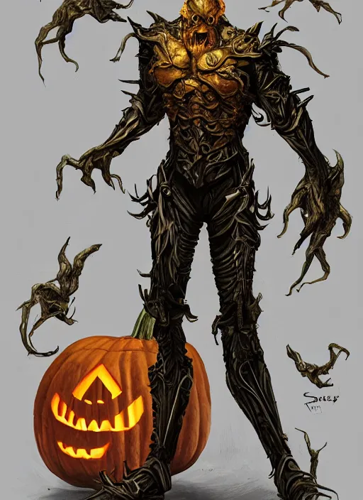 Image similar to powerful male pumpkin, willem dafoe as pumpkinhead, oz, full body character concept, covered in full metal armor, art nouveau, super powers, fantasy, intricate, elegant, highly detailed, digital painting, artstation, concept art, shining, sharp focus, illustration, art by stanley lau