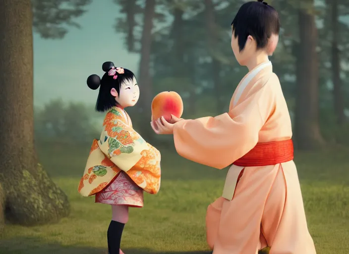 Image similar to a girl wearing a kimono giving a peach to a large anthropomorphic asian black bear, featured in artstation, artgerm, octane render, award winning, cinematic, elegant, intricate, 8 k, in the style of heikala and timothy kong and laia lopez and viorie,