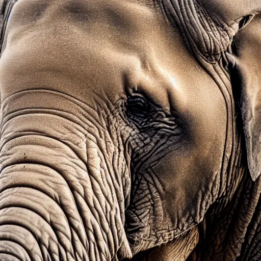 Image similar to a detailed, close - up photograph of an elephant with tiger skin