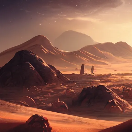 Image similar to A cinematic landscape of a foreign planet, illustrated by Christian Petersen, 8k, science fiction
