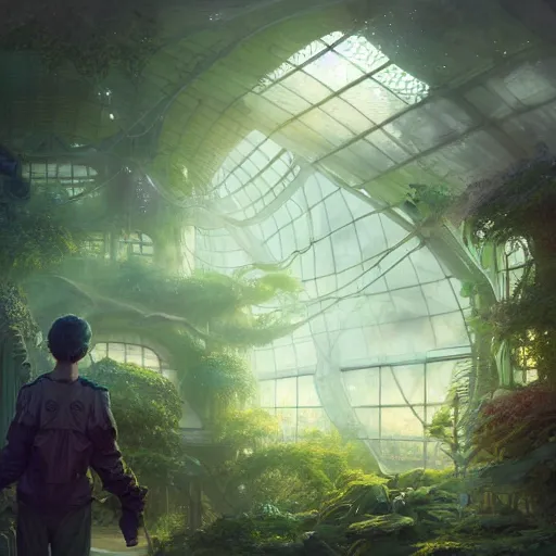 Image similar to , boy with grandma in scifi green house, spaceship, plants, stephen bliss, misty, unreal engine, fantasy art by greg rutkowski, loish, ferdinand knab, and lois van rossdraws, global illumination, radiant light, minimalist, detailed and intricate environment