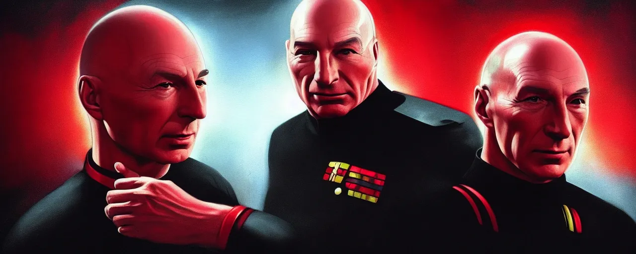 Image similar to duotone black and red concept 3 / 4 portrait of ( ( ( picard facepalm meme ) ) ) captain jean - luc picard with palm on his face inside uss enterprise. accidental renaissance. concept by stanley kubrick. sergey kolesov and ruan jia and heng z. graffiti art, scifi, fantasy, hyper detailed. octane render. trending on artstation