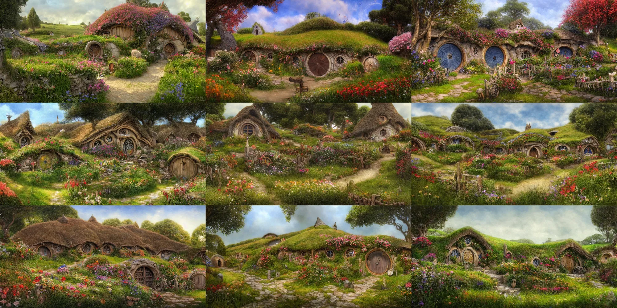 Prompt: Hobbiton in full bloom by Alan Lee, intricate, highly detailed, digital painting, artstation, concept art, smooth, sharp focus, illustration, vfx