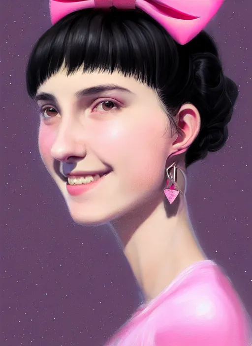 Image similar to portrait of teenage girl, realistic, black hair, bangs, half updo hairstyle, pointy nose, skinny, smile, ugly, defined jawline, big chin, pink hair bow, earrings, intricate, elegant, glowing lights, highly detailed, digital painting, artstation, sharp focus, illustration, art by wlop, mars ravelo and greg rutkowski