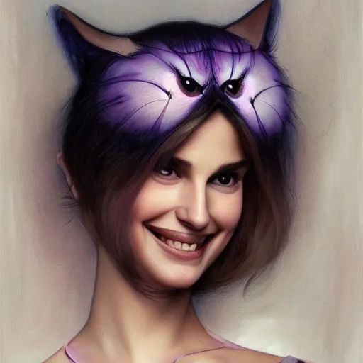 Image similar to smiling cheshire cat, portrait of a young natalie portman, intricate, elegant, highly detailed, digital painting, artstation, concept art, smooth, sharp focus, illustration, art by artgerm and greg rutkowski and alphonse mucha and william - adolphe bouguereau