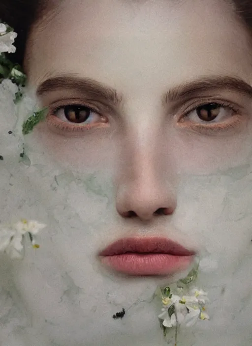 Prompt: Kodak Portra 400, 8K,ARTSTATION, Caroline Gariba, soft light, volumetric lighting, highly detailed, britt marling style 3/4 , extreme Close-up portrait photography of a Dorian Electra hiding in flowers how pre-Raphaelites with his eyes closed,inspired by Ophelia paint, his face is under water Pamukkale, face above water in soapy bath tub, hair are intricate with highly detailed realistic , Realistic, Refined, Highly Detailed, interstellar outdoor soft pastel lighting colors scheme, outdoor fine photography, Hyper realistic, photo realistic