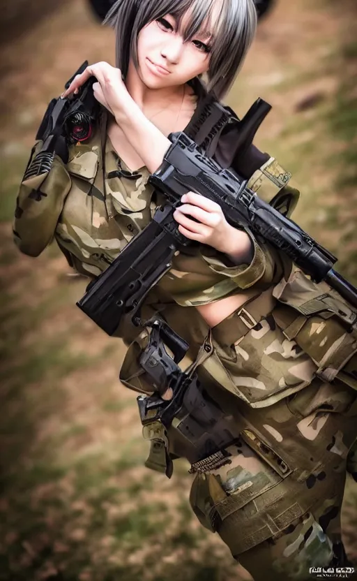 Prompt: portrait photo, highly detailed, high resolution, cosplay photo, stunning, girls frontline style, bokeh soft, 100mm, trending on instagram, by professional photographer, realistic human anatomy, real human faces, realistic military carrier, soldier clothing, modern warfare, realistic guns, shot with a canon, low saturation