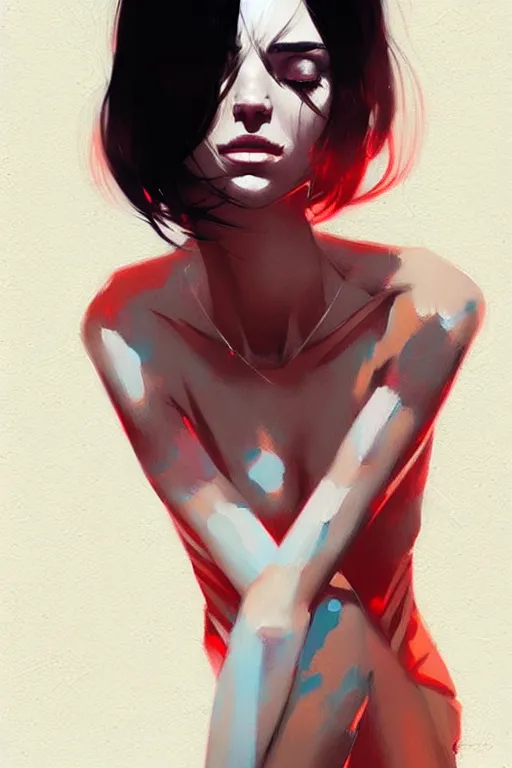 Image similar to a ultradetailed beautiful painting of a stylish woman sitting on the floor of a tiled room, by greg rutkowski, conrad roset, and ilya kuvshinov trending on artstation