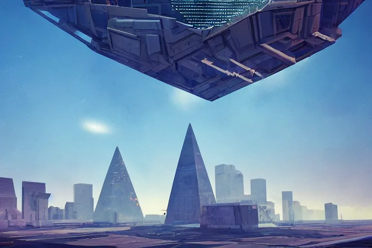 Image similar to concept art of levitating see through pyramid above a highly detailed mechanical landing pad, futuristic city in background, by beeple, artstation, CG society, blue skies