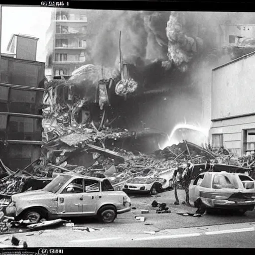 Prompt: a giant foot ,big impact hit on the building, explode and chaos, Holywood scene, full color, broken cars,scary picture, convincing