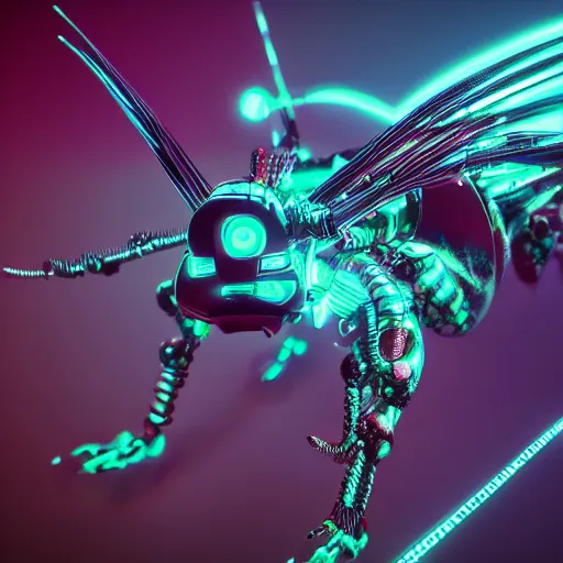 Image similar to synthwave cyborg insect, detailed face, sharp focus, synthwave art, aesthetic, octane render, raw, cinematic