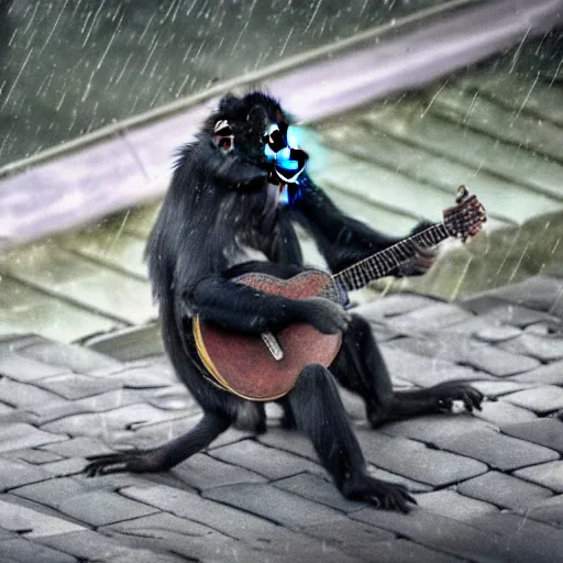 Image similar to movie still of a monkey playing banjo on a rooftop in the rain, hyper realistic, dark, gothic, nightcore, 4 k, highly detailed, beautifully rendered