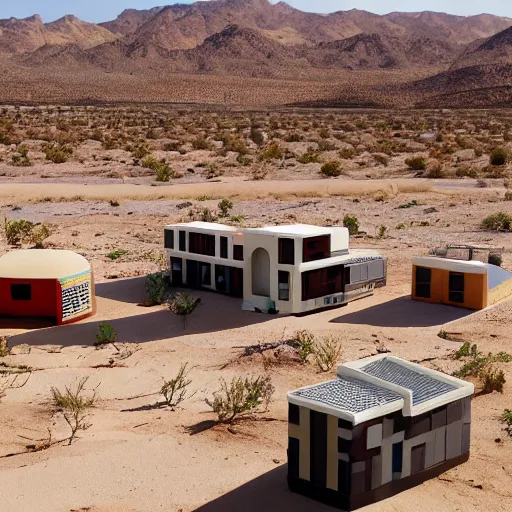 Prompt: big scale baby toy hotel in the dessert, modernism