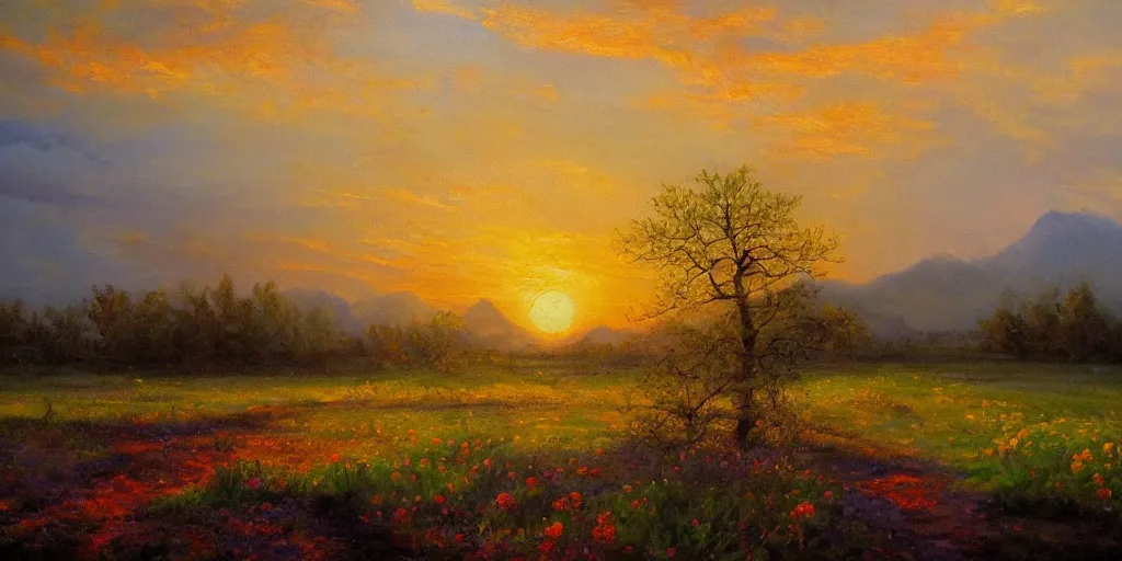 Image similar to an extraordinarily beautiful oil painting of a landscape in spring during sunrise ; the most beautiful painting in the world