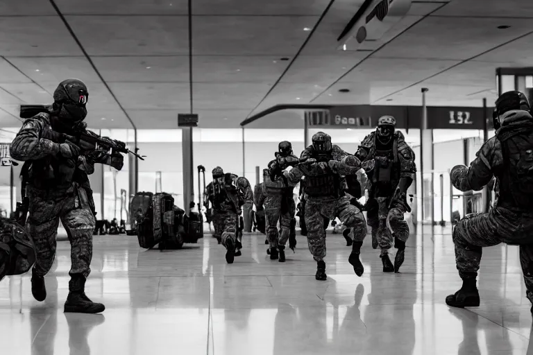 Image similar to Mercenary Special Forces soldiers in grey uniforms with black armored vest and black helmets fighting inside an airport in 2022, Canon EOS R3, f/1.4, ISO 200, 1/160s, 8K, RAW, unedited, symmetrical balance, in-frame, combat photography