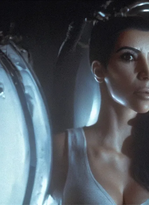 Prompt: film still of kim kardashian in the movie Alien, alien spider mounted to her face as she tries to resist, spider webbed body, scary cinematic shot, 4k.