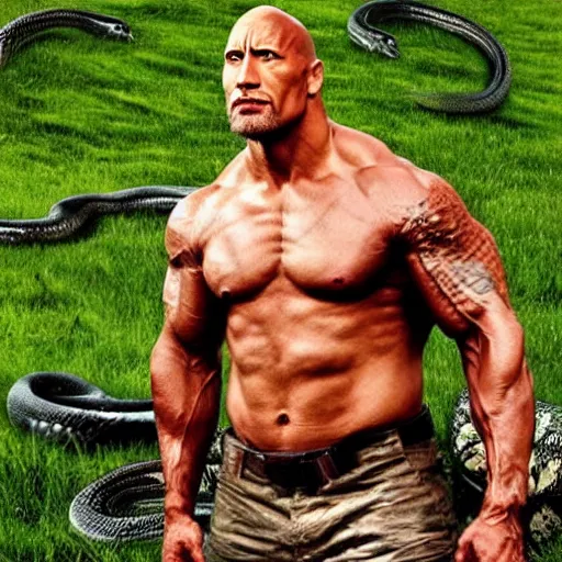 Prompt: Dwayne Johnson with the body of a snake, in the grass, reptile eyes