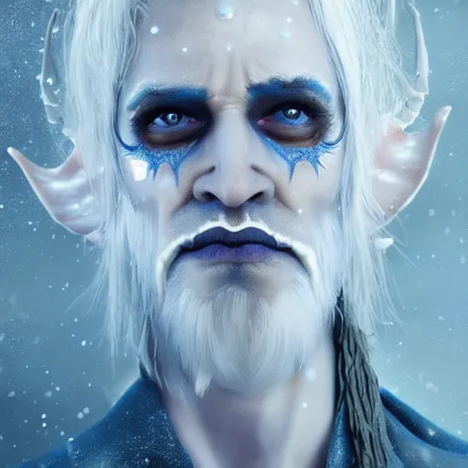 Prompt: the frightening archfey called'the prince of frost ', fantasy, white hair, blue skin, wild eyebrows, middle - age, elf, crown, trending on cgsociety