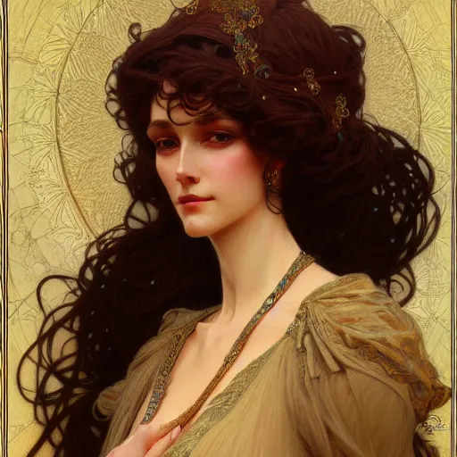 Prompt: character portrait of a modest woman, tall, feminine, powerful, modestly clothed, voluminous, intricate, elegant, highly detailed, digital painting, artstation, smooth, symmetrical, sharp focus, illustration, art by gaston bussiere and alphone mucha