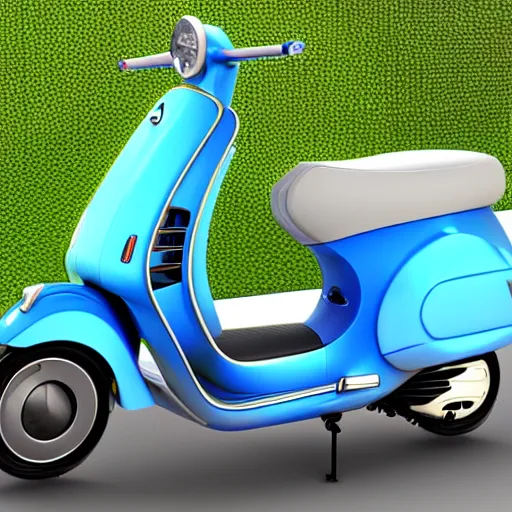 Image similar to futuristic luxury Vespa scooters 3D model with psychadelic colors for rich hippies and nature lovers.