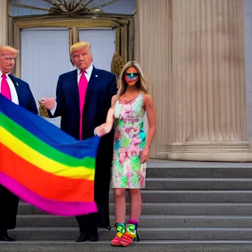 Prompt: Donald Trump wear a dress and holding a pride flag
