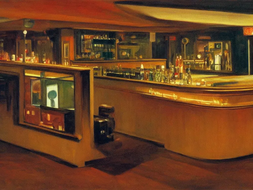 Image similar to interior view of an empty bar in the 70s with a jukebox at night, ultra view angle view, realistic detailed painting by edward hopper