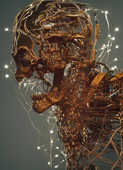 Image similar to an intricate detailed scifi skull plugged into wires by vitaly bulgarov, ivy, hardmesh, unreal engine 5, cyberpunk