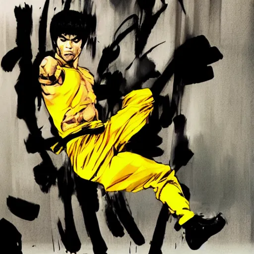 Prompt: a kick by Bruce Lee wearing a yellow jumpsuit by Yoji Shinkawa and Ashley Wood