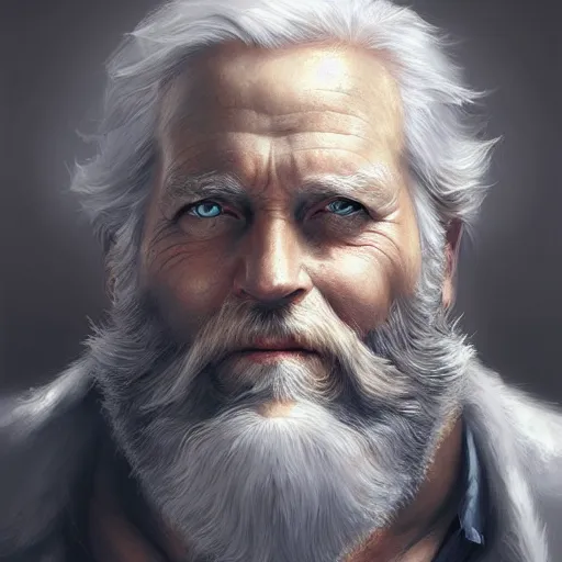 Image similar to Old man, blue eyes, bushy white beard, digital painting, lots of details, extremely detailed, 4k, intricate, brush strokes, Mark Arian, Artgerm, Bastien Lecouffe-Deharme