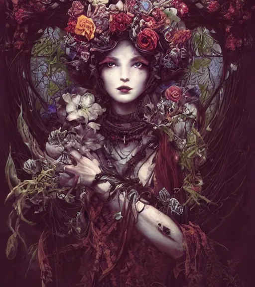 Prompt: portrait of the beautiful supreme queen of the blood cult, surrounded by skulls and overgrowth and dark flowers 🍂 by Akihiko Yoshida, Yoshitaka Amano,Marc Simonetti, karol bak, WLOP, James Jean! , tom bagshaw, rococo, trending on artstation, fantasy magic fashion girl portrait, glossy eyes, face, fantasy, elegant, highly detailed, digital painting, concept art, smooth, sharp focus, illustration, cinematic lighting, hyper realism, octane render, 8k, hyper detailed.