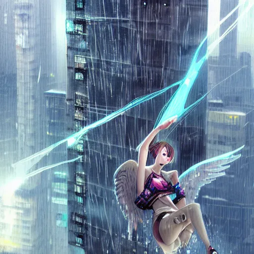 Prompt: two beautiful cyborg - angel girls sliding down on a crumbling skyscraper in the rain, waterdrops refractions on lens, full round faces, biomechanical details, cyberpunk anime art, full body shot, reflections, lens flare, wlop, ilya kuvshinov, artgerm, krenz cushart, greg rutkowski