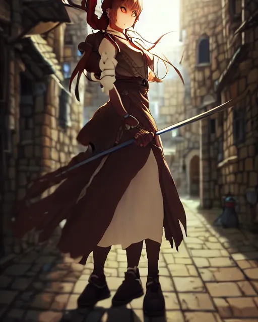 Image similar to pixiv, key anime visual portrait of a young female walking through a medieval village, dynamic pose, dynamic perspective, cinematic, dramatic lighting, detailed silhouette, film grain, yoshitaka amano, tending on artstation, face by yoh yoshinari, detailed, intricate