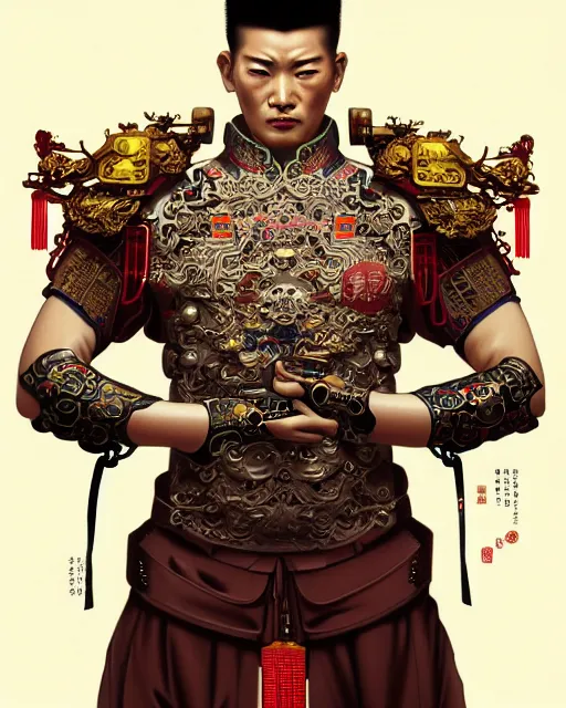 Image similar to portrait of a chinese masculine male cyberpunk machine, machine face, upper half portrait, decorated with chinese opera motifs, muscular, asian, fine china, wuxia, traditional chinese art intricate intense elegant 京 剧 highly detailed symmetry headpiece digital painting artstation concept art smooth sharp focus illustration, art by artgerm and greg rutkowski alphonse mucha 8 k