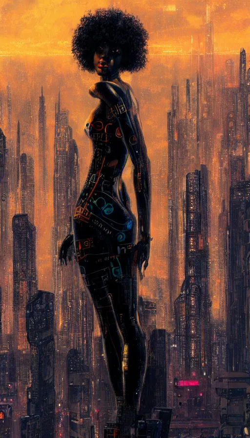 Image similar to a beautiful young Black woman, cyberpunk, Blade Runner city background, highly detailed, 8K, artstation, illustration, art by Gustav Klimt