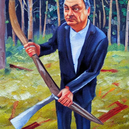 Image similar to viktor orban chopping a tree, oil painting
