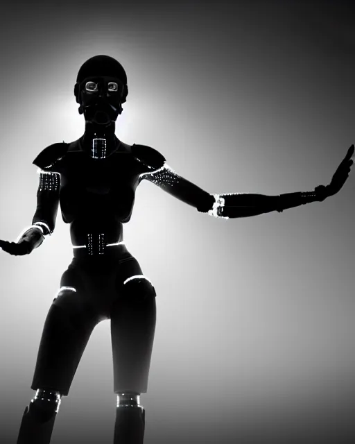 Image similar to black and white high quality photo of a beautiful futuristic dancing female posthuman-cyborg looking into a sci-fi mirror:: volumetric lighting, liminal space, brutalism, foggy, dreamy, hyperdetailed, bokeh, photorealistic, cinematic, masterpiece, Metropolis, elegant, dark, octane render, 8K, in the style of Dora Maar and Man Ray