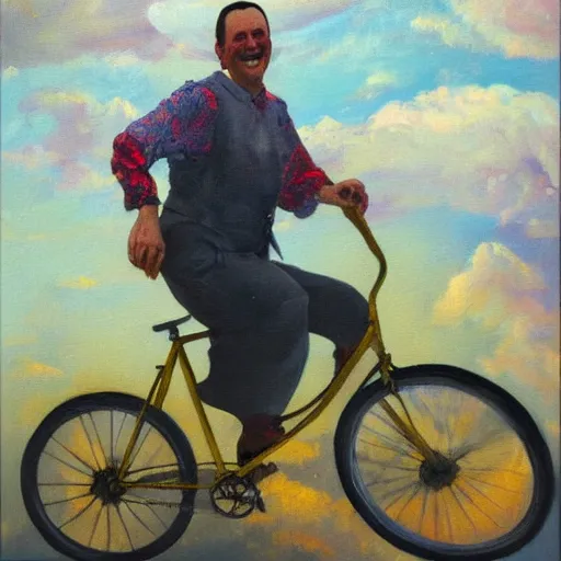 Prompt: A painting of a joyful man riding a bicycle in the clouds, action shot, subject is smiling, expressive oil painting