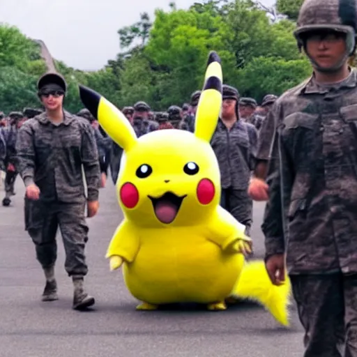 Image similar to a photo of pikachu marching in the army