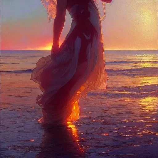 Image similar to sea of glossy liquid honey drops flowing like translucent amber, backlit, sunset, refracted lighting, art by collier, albert aublet, krenz cushart, artem demura, alphonse mucha