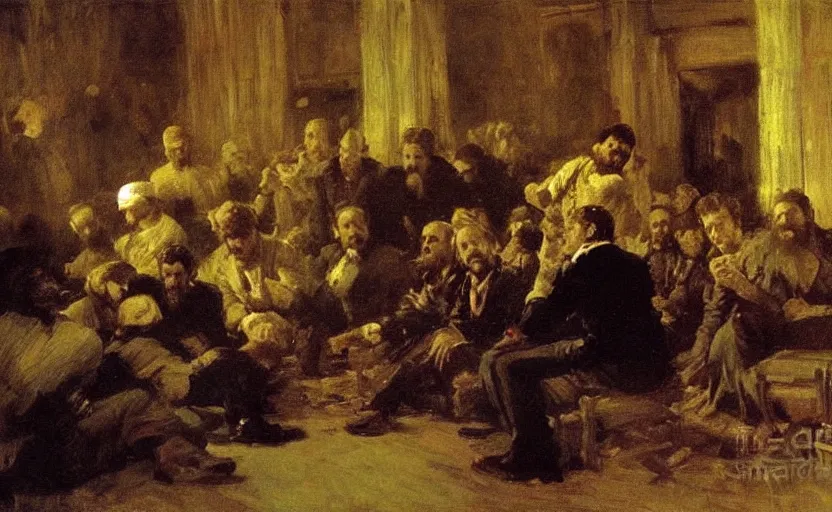 Image similar to high quality high detail painting by ilya repin, gangasters meeting in a dark room, hd