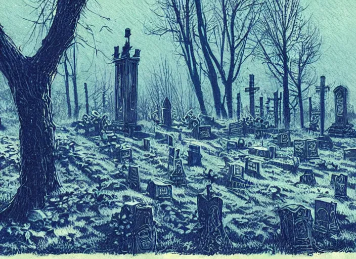 Image similar to blue woodcut print, halloween whitch in graveyard at midnight by greg rutkowski, fine details, highly detailed